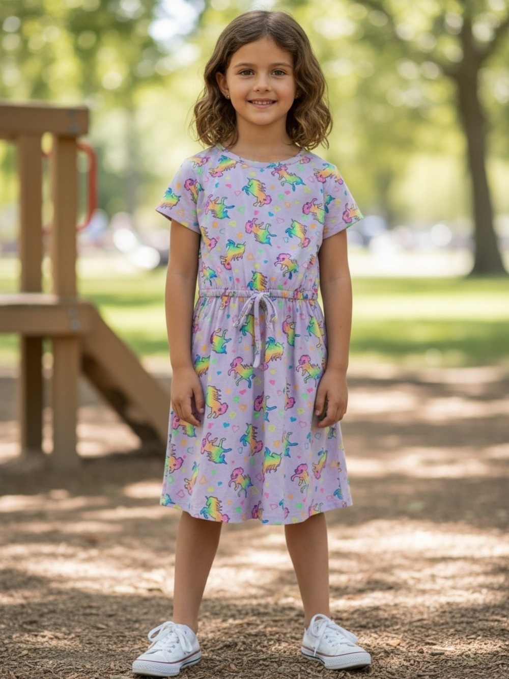 Girls' Lavender Unicorn Print Short Sleeve Drawstring Dress - Picture 1 of 3